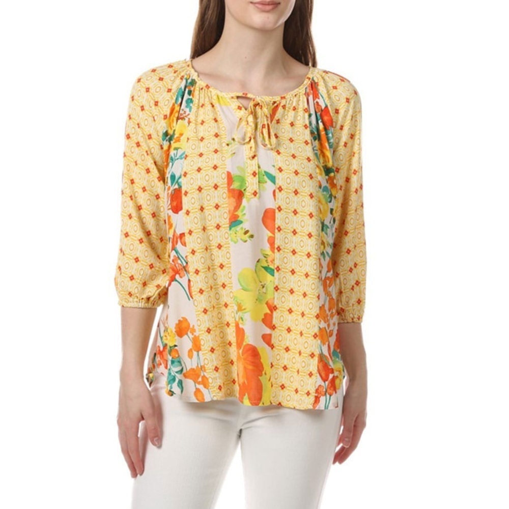 Figueroa & Flower Striped Patchwork Vina Floral 3/4 Sleeve Top NWT PM